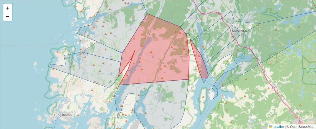 Karta över postnummerområdet  och angränsande postnummer i Sverige