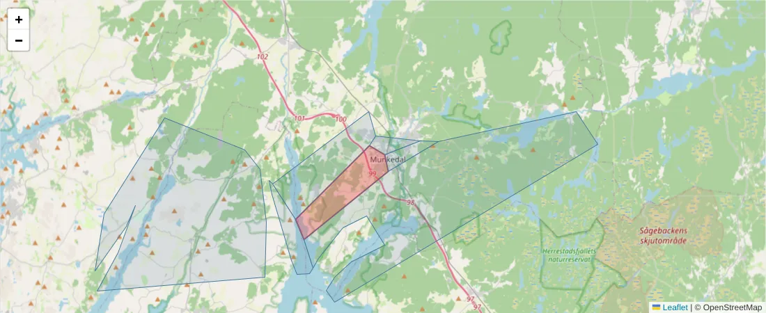 Karta över postnummerområdet  och angränsande postnummer i Sverige