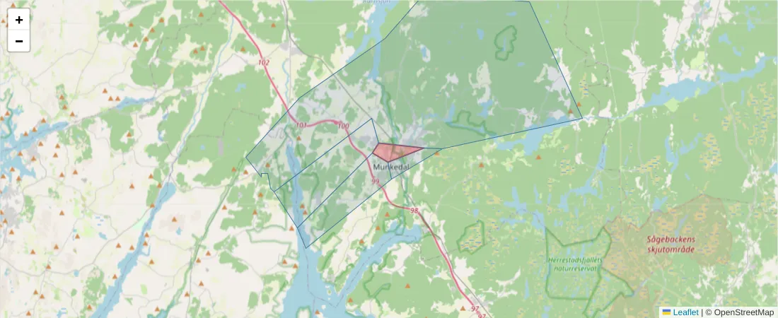 Karta över postnummerområdet  och angränsande postnummer i Sverige