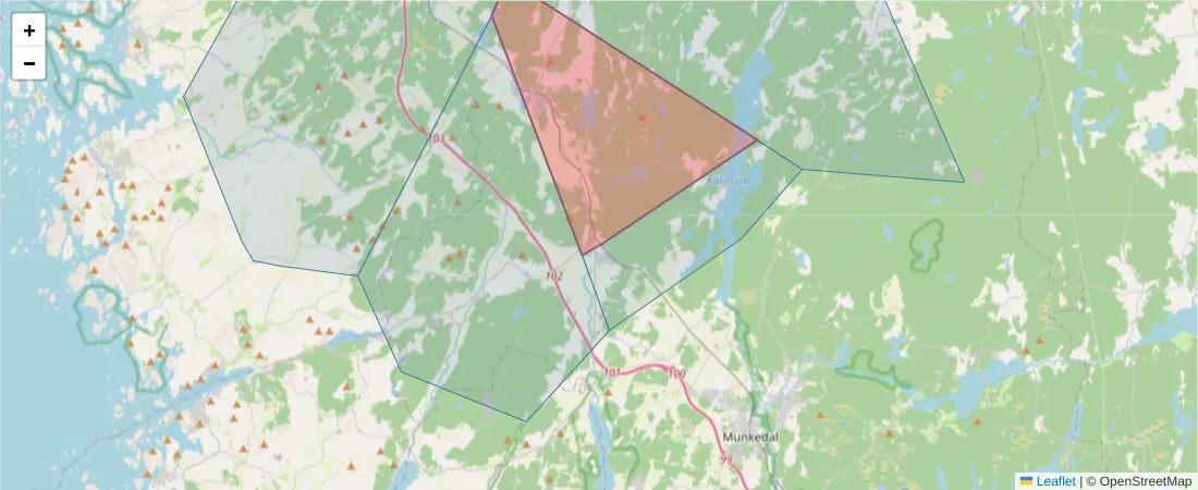 Karta över postnummerområdet  och angränsande postnummer i Sverige