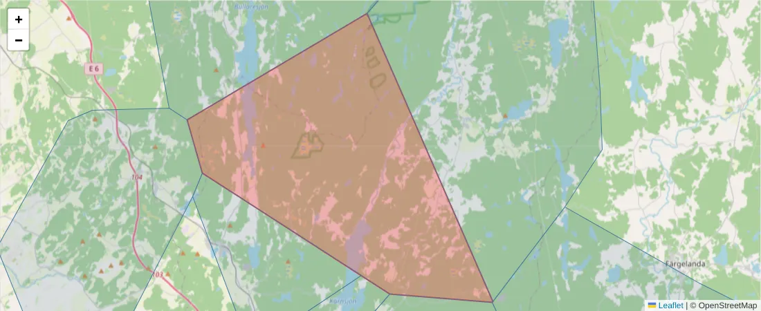 Karta över postnummerområdet  och angränsande postnummer i Sverige