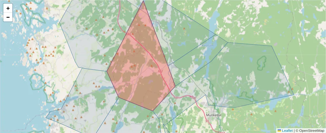 Karta över postnummerområdet  och angränsande postnummer i Sverige