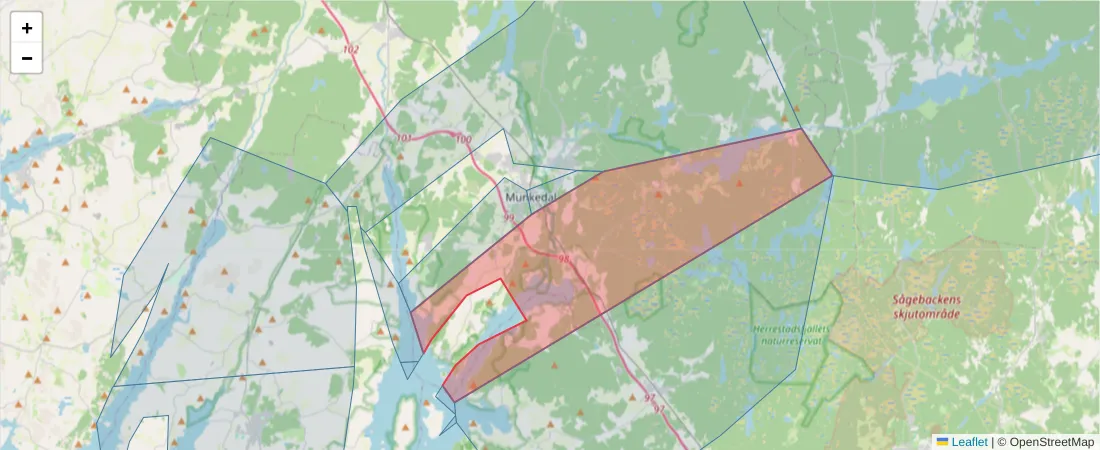Karta över postnummerområdet  och angränsande postnummer i Sverige