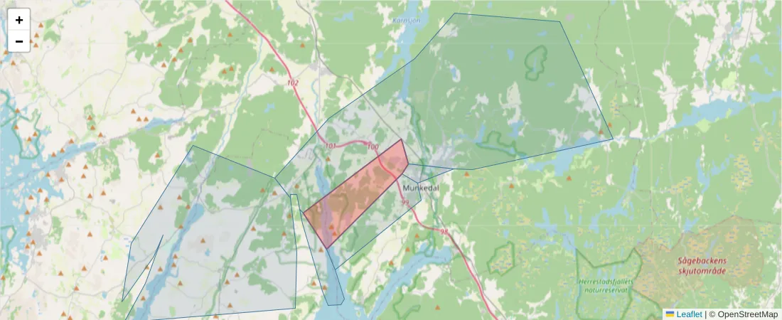 Karta över postnummerområdet  och angränsande postnummer i Sverige