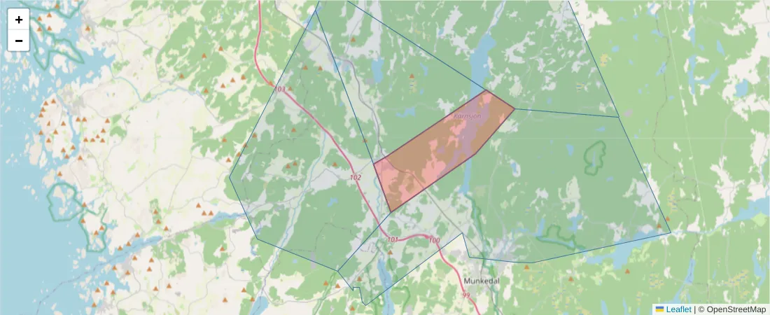 Karta över postnummerområdet  och angränsande postnummer i Sverige