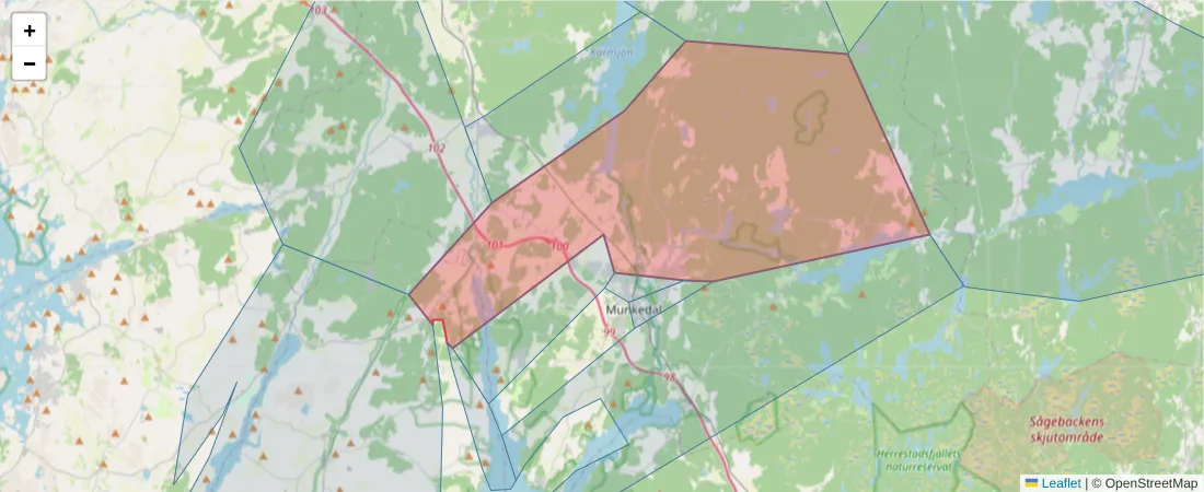 Karta över postnummerområdet  och angränsande postnummer i Sverige