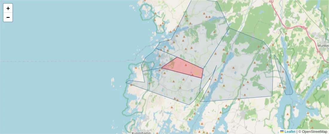 Karta över postnummerområdet  och angränsande postnummer i Sverige