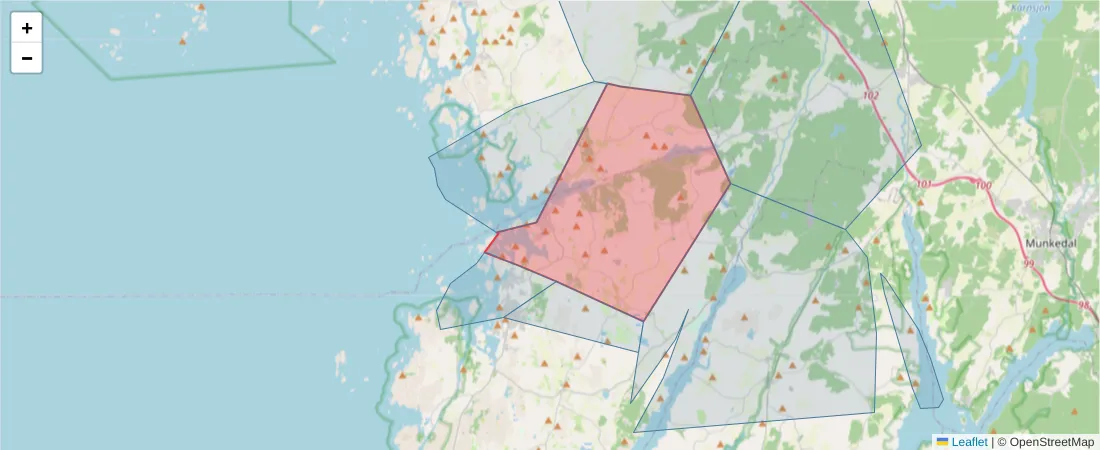Karta över postnummerområdet  och angränsande postnummer i Sverige