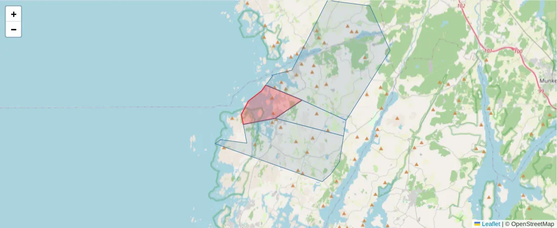 Karta över postnummerområdet  och angränsande postnummer i Sverige