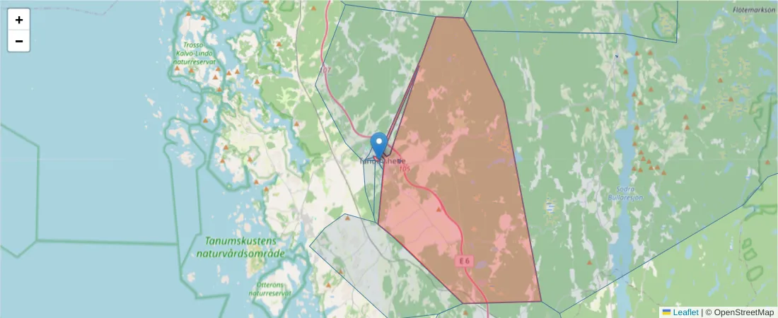 Karta över postnummerområdet  och angränsande postnummer i Sverige