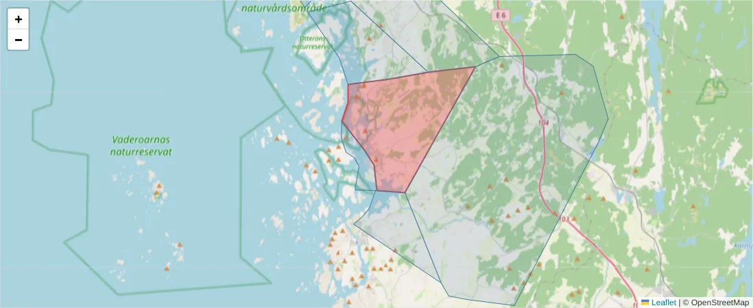 Karta över postnummerområdet  och angränsande postnummer i Sverige