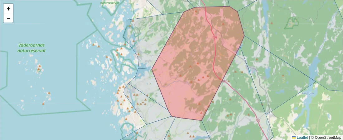 Karta över postnummerområdet  och angränsande postnummer i Sverige