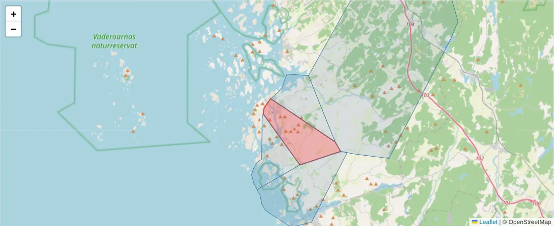 Karta över postnummerområdet  och angränsande postnummer i Sverige