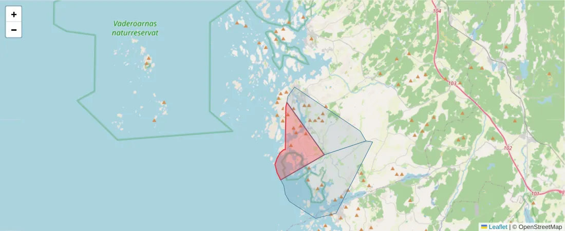 Karta över postnummerområdet  och angränsande postnummer i Sverige