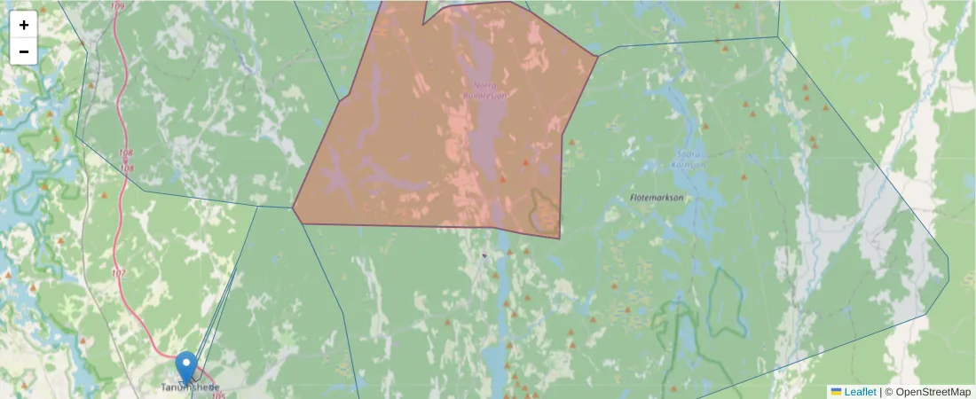 Karta över postnummerområdet  och angränsande postnummer i Sverige