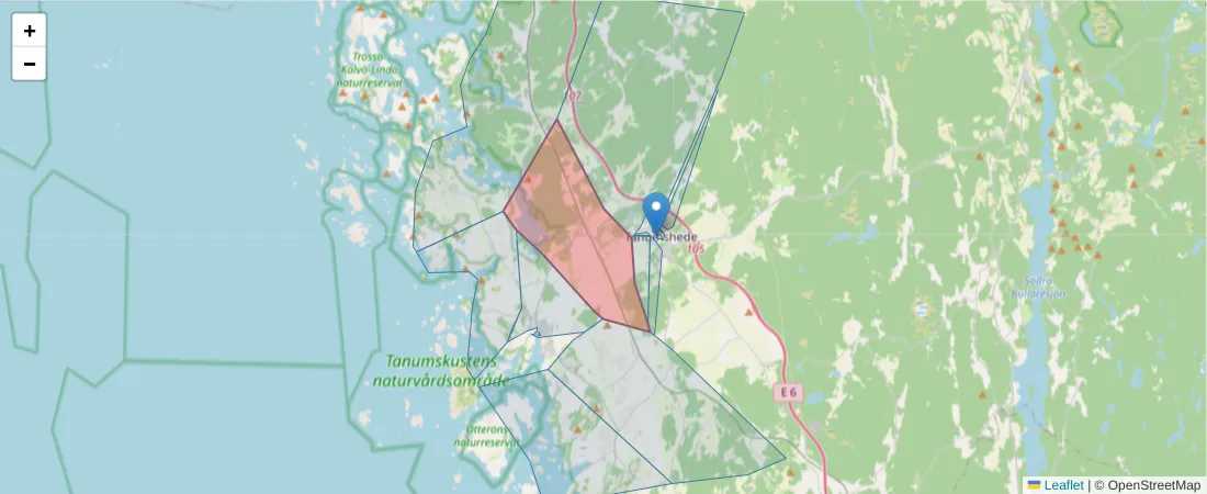 Karta över postnummerområdet  och angränsande postnummer i Sverige