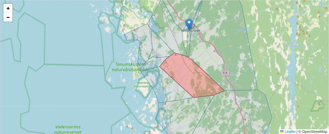 Karta över postnummerområdet  och angränsande postnummer i Sverige