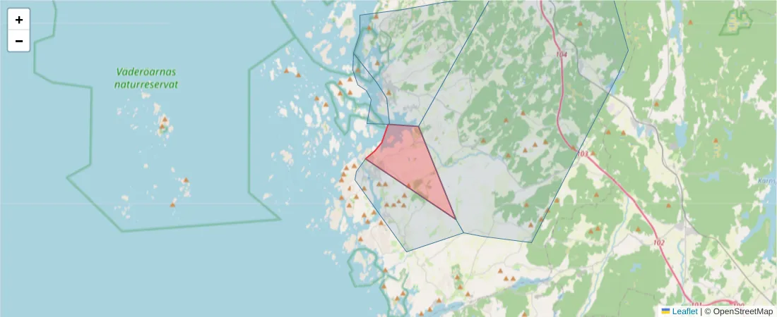 Karta över postnummerområdet  och angränsande postnummer i Sverige