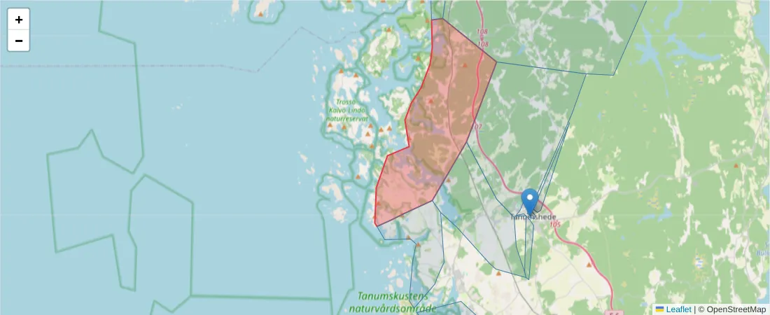 Karta över postnummerområdet  och angränsande postnummer i Sverige