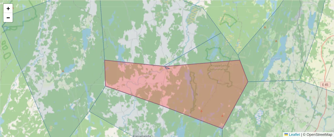 Karta över postnummerområdet  och angränsande postnummer i Sverige