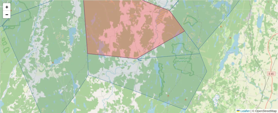 Karta över postnummerområdet  och angränsande postnummer i Sverige