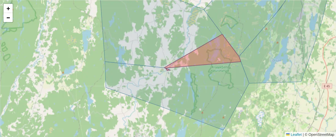 Karta över postnummerområdet  och angränsande postnummer i Sverige