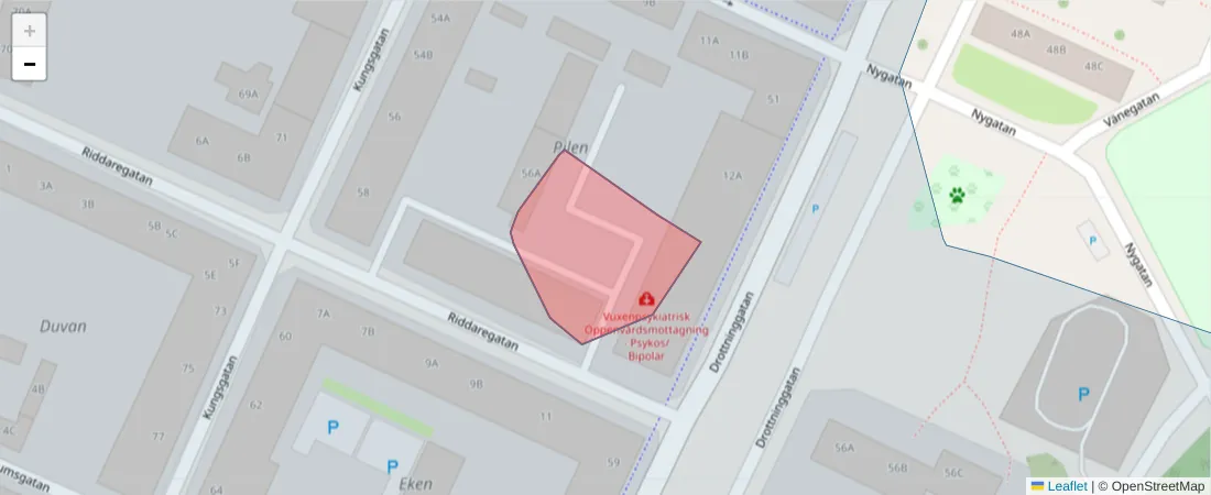 Karta över postnummerområdet  och angränsande postnummer i Sverige