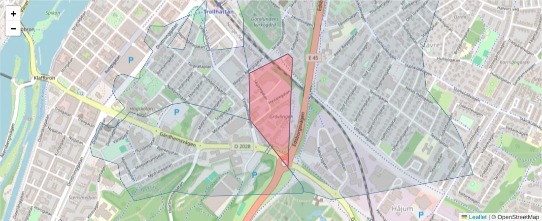 Karta över postnummerområdet  och angränsande postnummer i Sverige