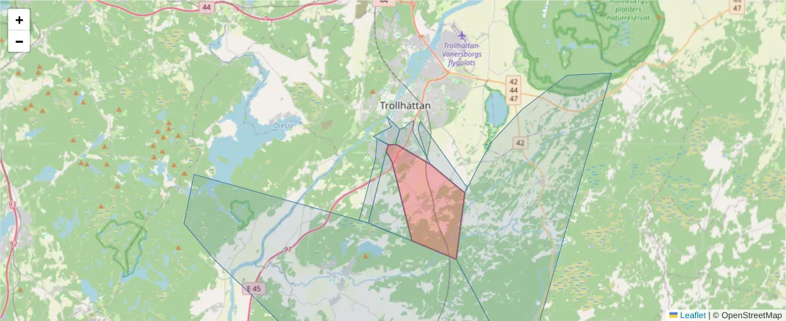Karta över postnummerområdet  och angränsande postnummer i Sverige
