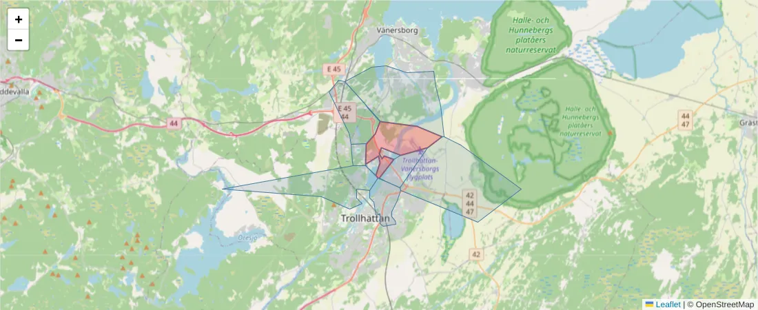 Karta över postnummerområdet  och angränsande postnummer i Sverige