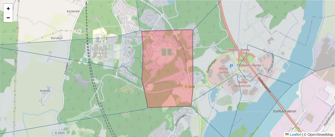 Karta över postnummerområdet  och angränsande postnummer i Sverige