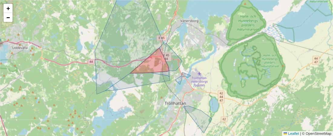 Karta över postnummerområdet  och angränsande postnummer i Sverige