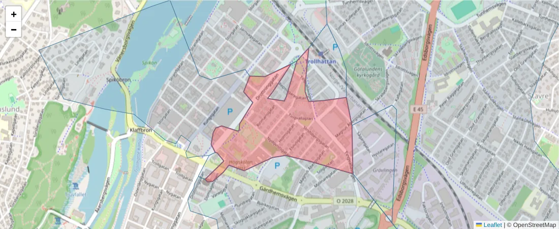 Karta över postnummerområdet  och angränsande postnummer i Sverige