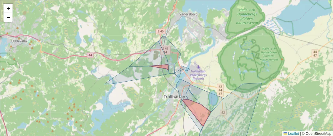Karta över postnummerområdet  och angränsande postnummer i Sverige