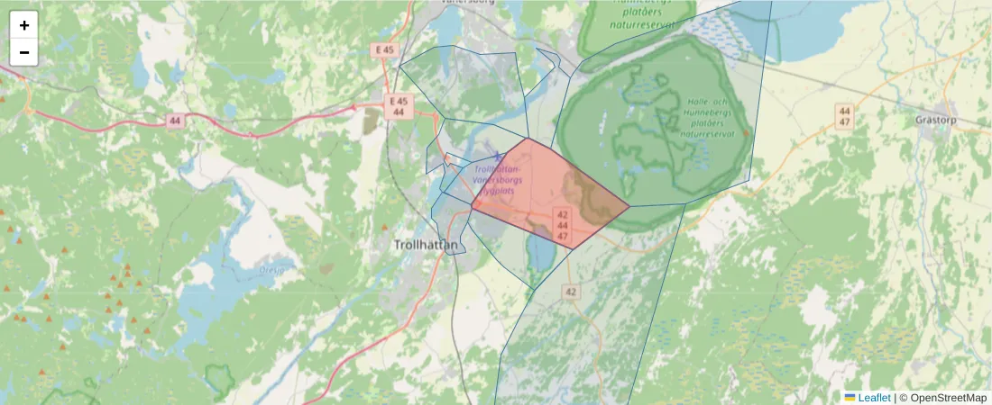 Karta över postnummerområdet  och angränsande postnummer i Sverige