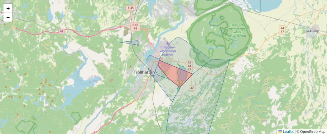 Karta över postnummerområdet  och angränsande postnummer i Sverige