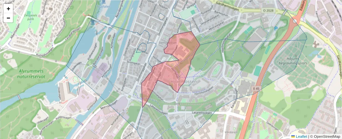 Karta över postnummerområdet  och angränsande postnummer i Sverige