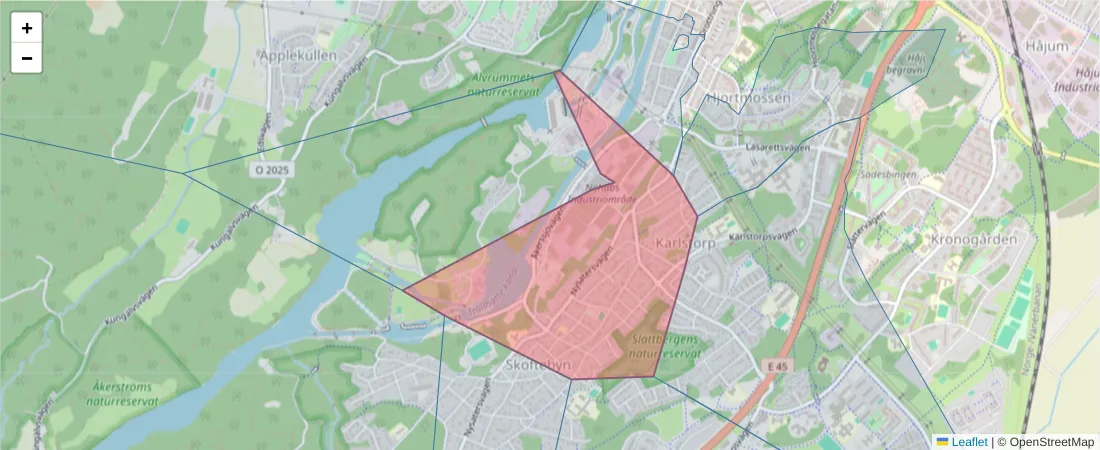 Karta över postnummerområdet  och angränsande postnummer i Sverige