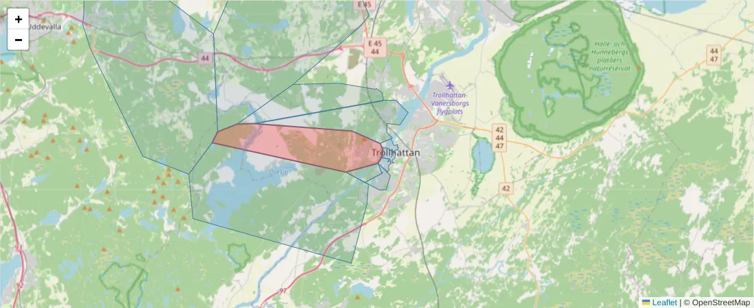 Karta över postnummerområdet  och angränsande postnummer i Sverige
