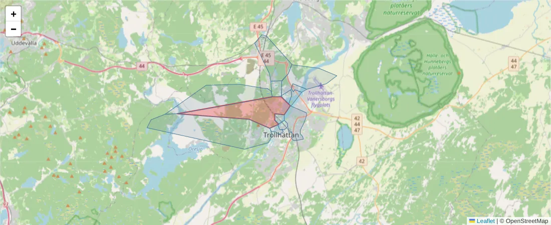 Karta över postnummerområdet  och angränsande postnummer i Sverige