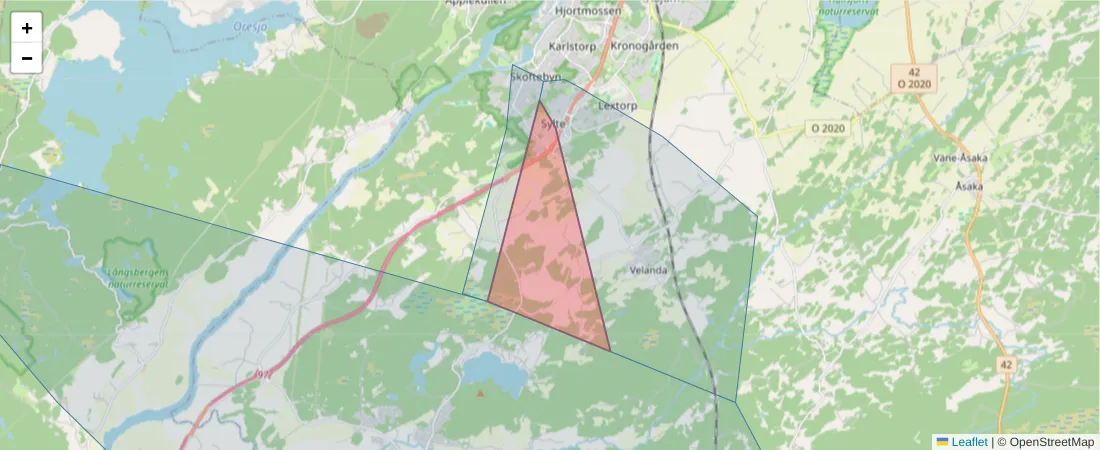 Karta över postnummerområdet  och angränsande postnummer i Sverige