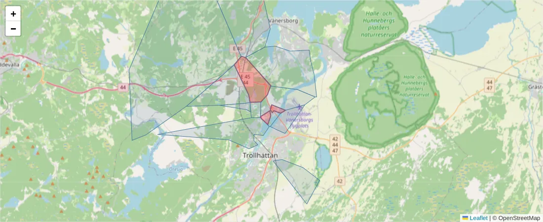 Karta över postnummerområdet  och angränsande postnummer i Sverige