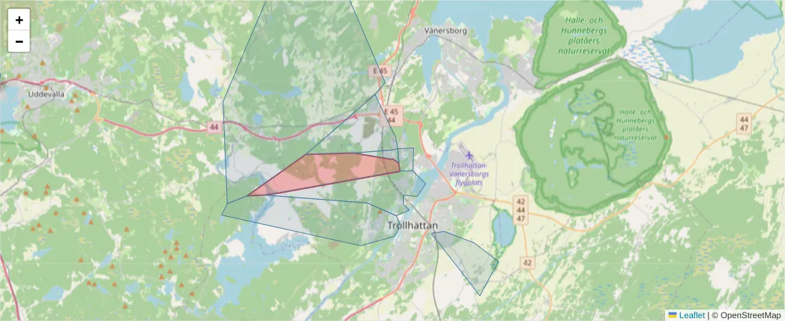 Karta över postnummerområdet  och angränsande postnummer i Sverige
