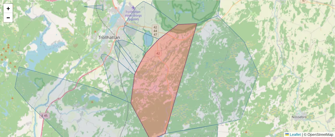 Karta över postnummerområdet  och angränsande postnummer i Sverige