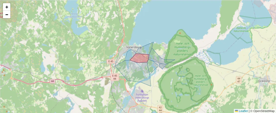 Karta över postnummerområdet  och angränsande postnummer i Sverige