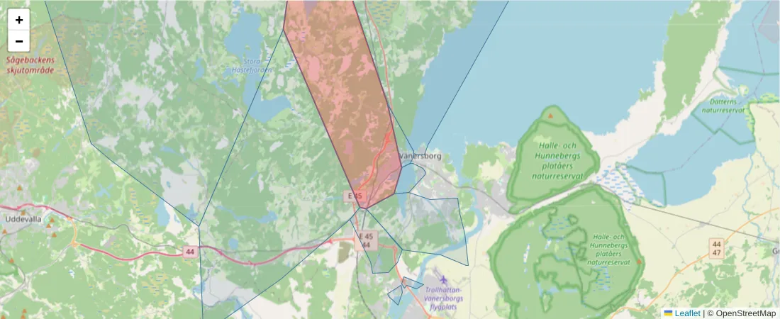 Karta över postnummerområdet  och angränsande postnummer i Sverige