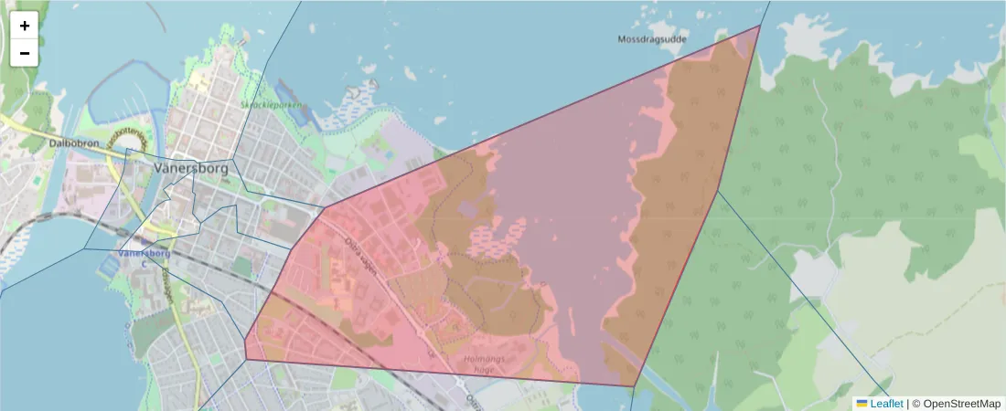 Karta över postnummerområdet  och angränsande postnummer i Sverige
