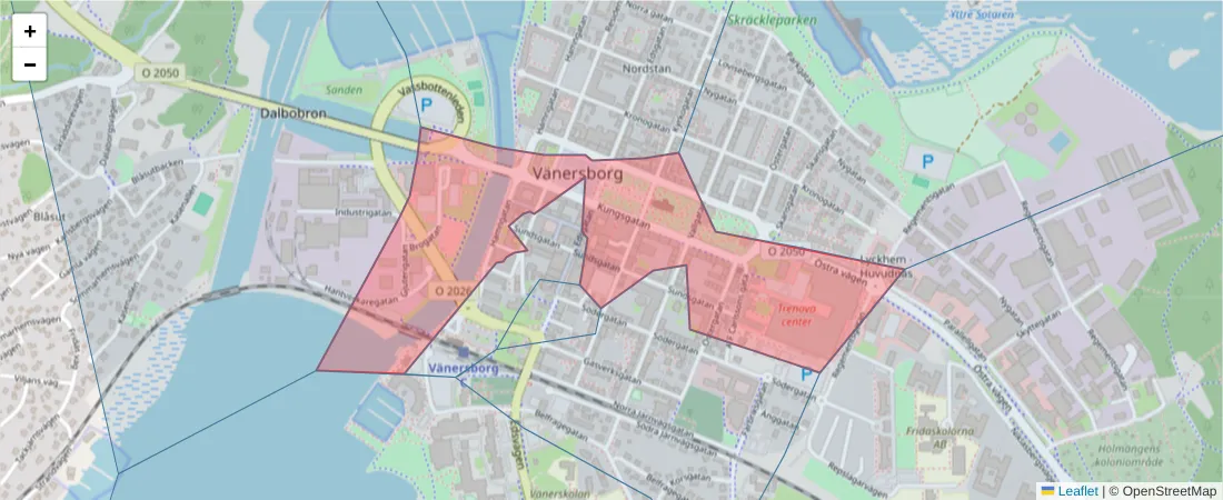 Karta över postnummerområdet  och angränsande postnummer i Sverige