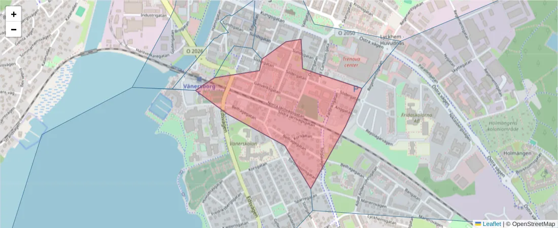 Karta över postnummerområdet  och angränsande postnummer i Sverige