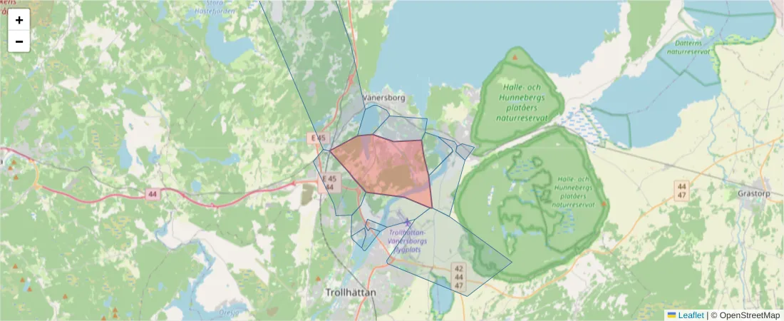 Karta över postnummerområdet  och angränsande postnummer i Sverige